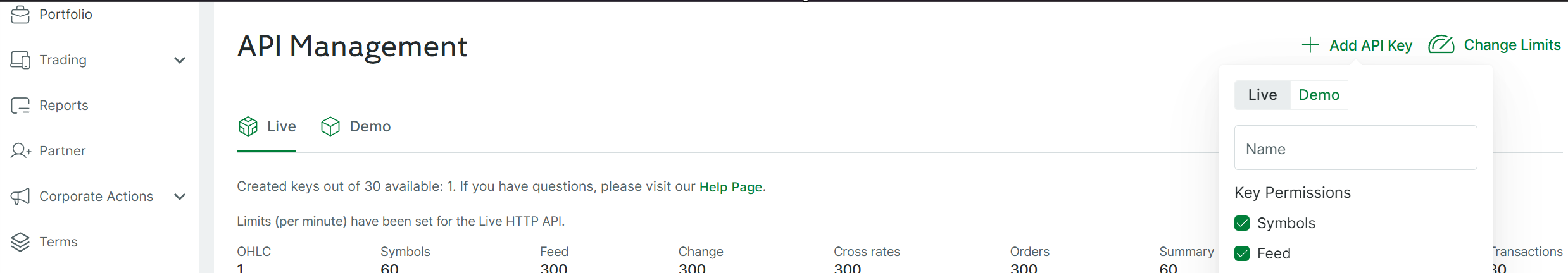 Settings → API Management → Add API Key (Live tab)